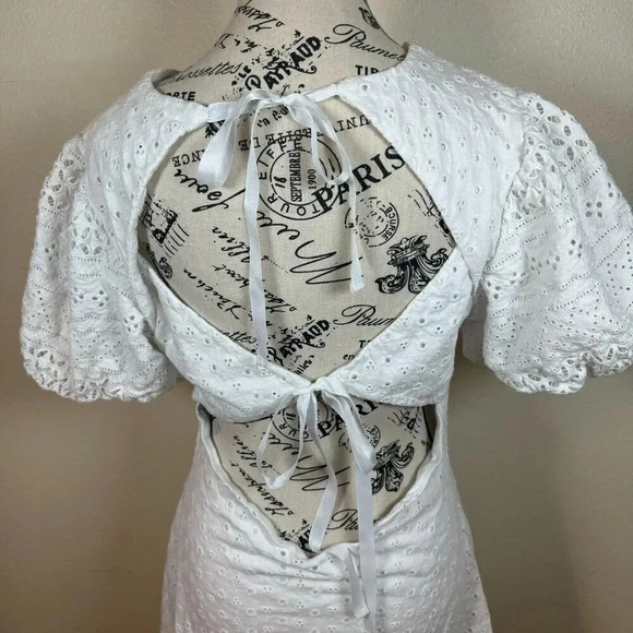 Free People Apricot Rose Mini Eyelet White Dress Puff Sleeve Open Back Size Med - Picture 8 of 12